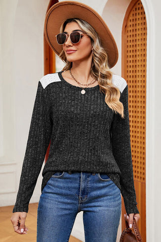 Women's Eyelet Ribbed Round Neck Long Sleeve T-Shirt
