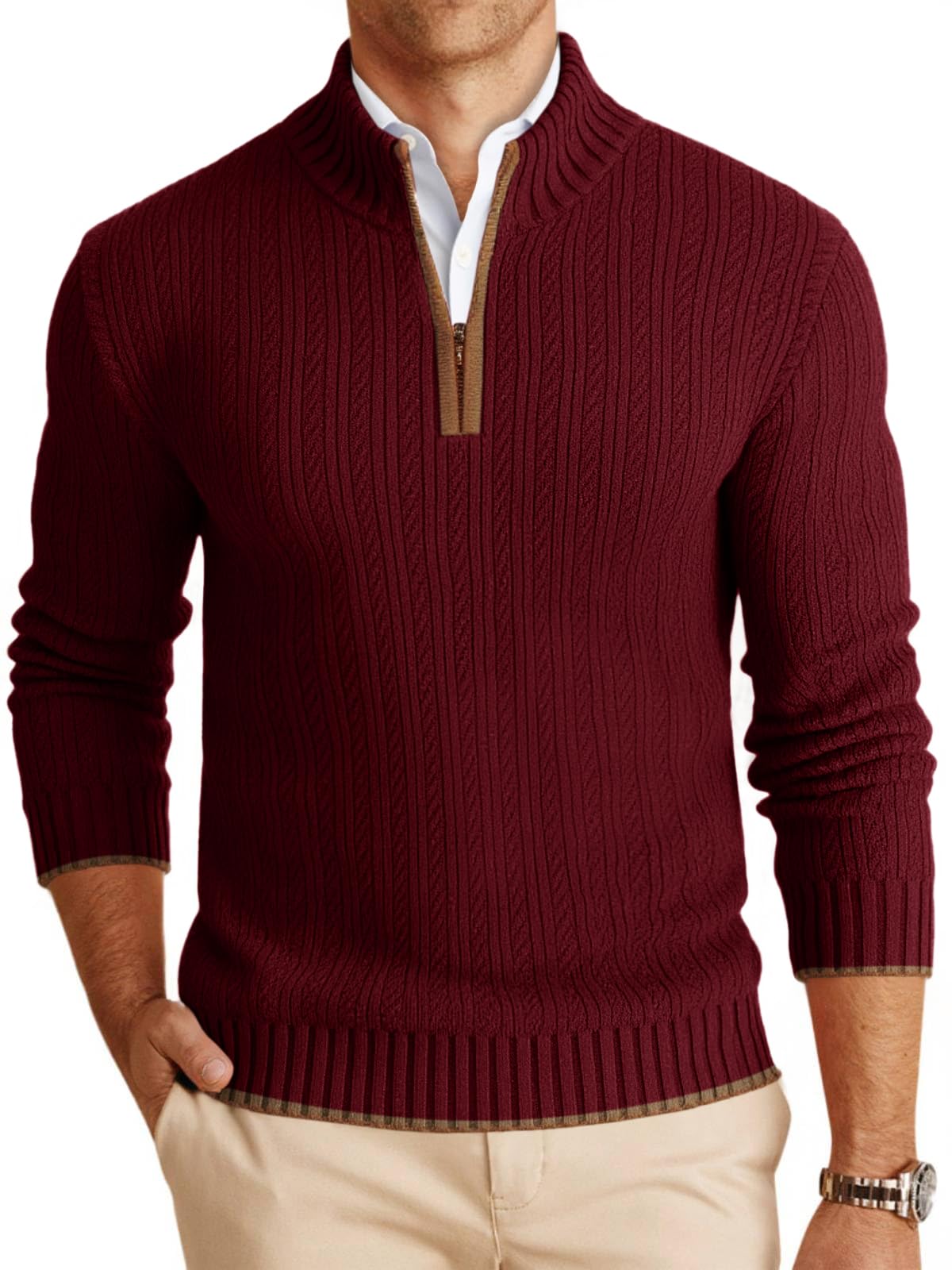 Mens Quarter-Zip Pullover Sweater Casual Mock Neck Knitted Winter Warm Ribbed Polo Sweater