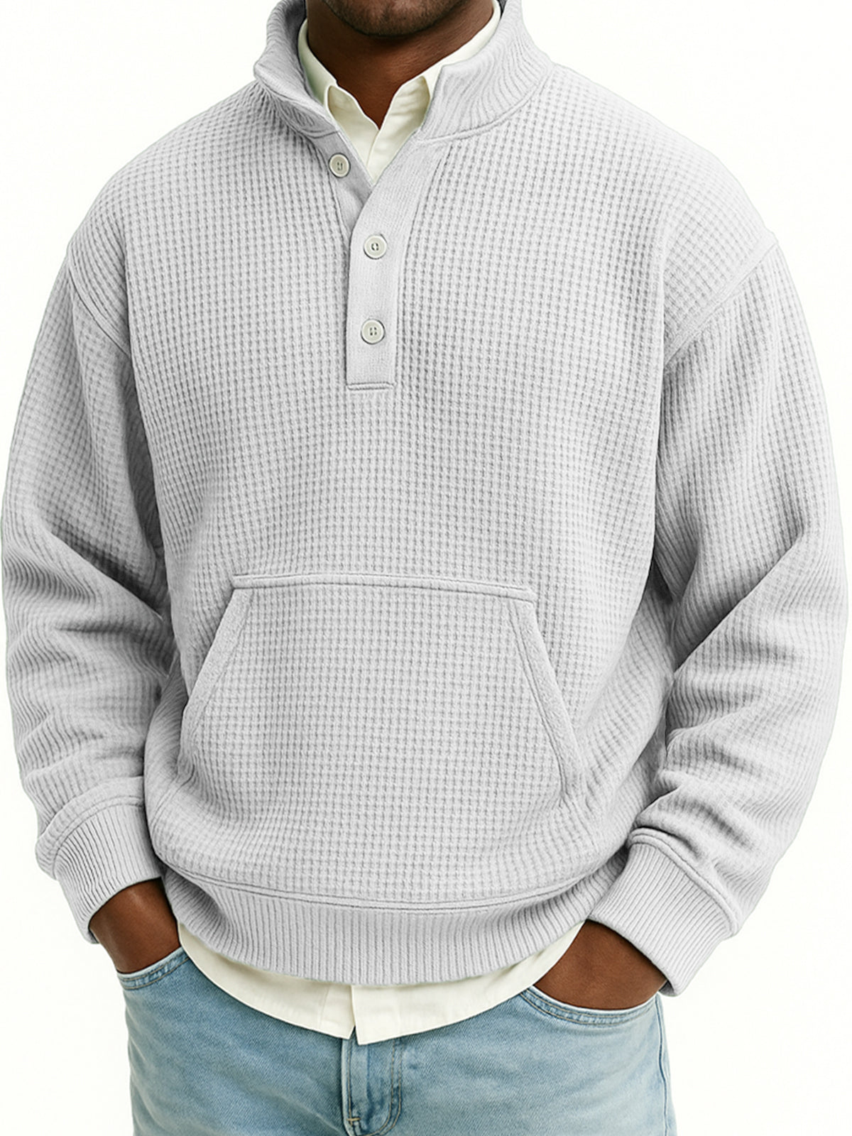 Men's Waffle Quarter Zip Stand Collar Sweatshirt with Kangaroo Pockets