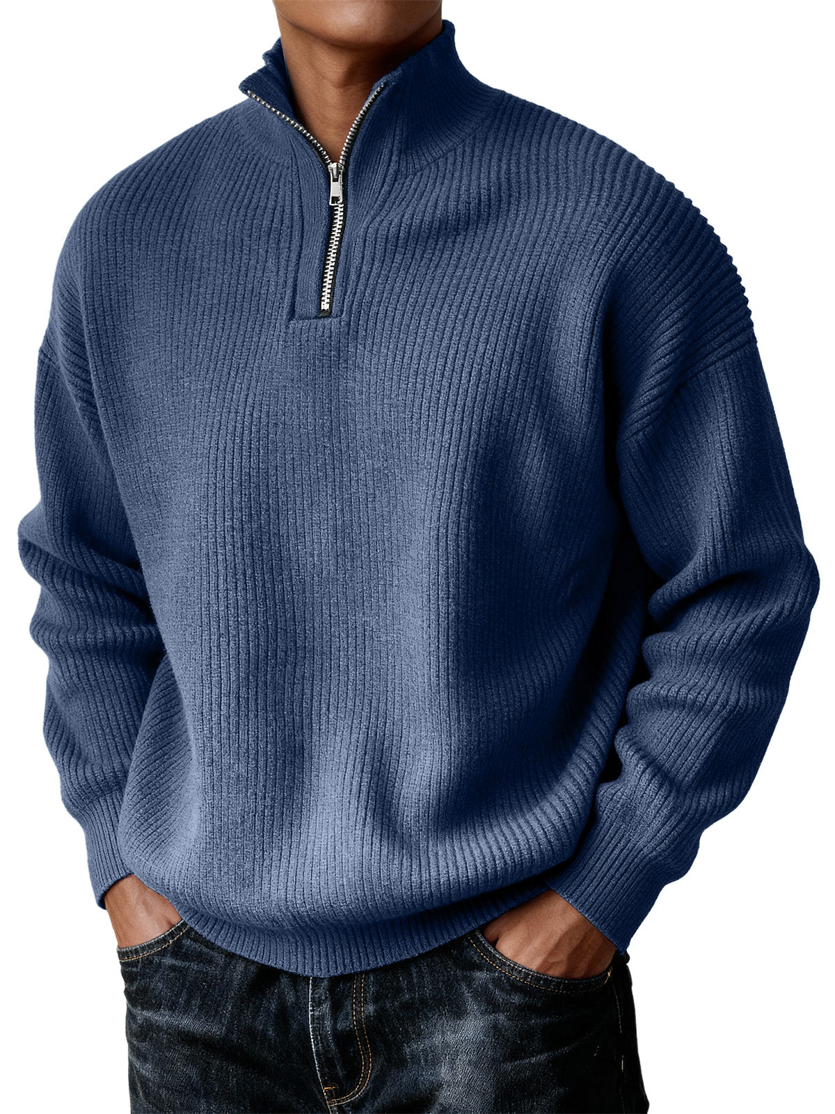 Men's Simple Zipper Turtleneck Casual Knitted Sweater Christmas and New Year Sweater