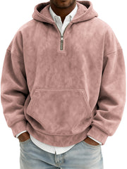 Men's Vintage Suede Quarter-Zip Hooded Sweatshirt with Kangaroo Pocket