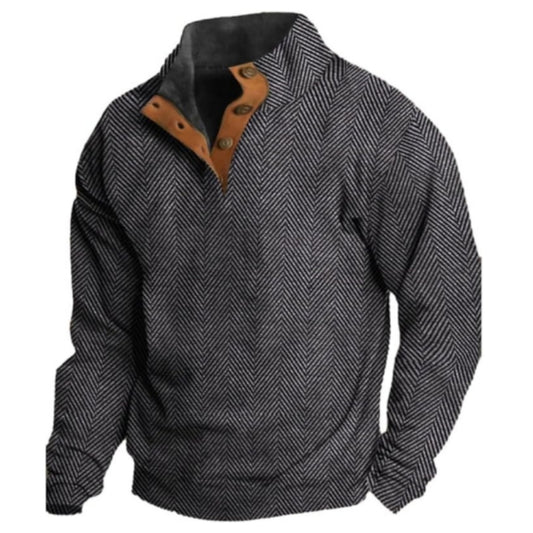 Men's Western Vintage Herringbone Print Design Stand Collar Button-Down Sweatshirt
