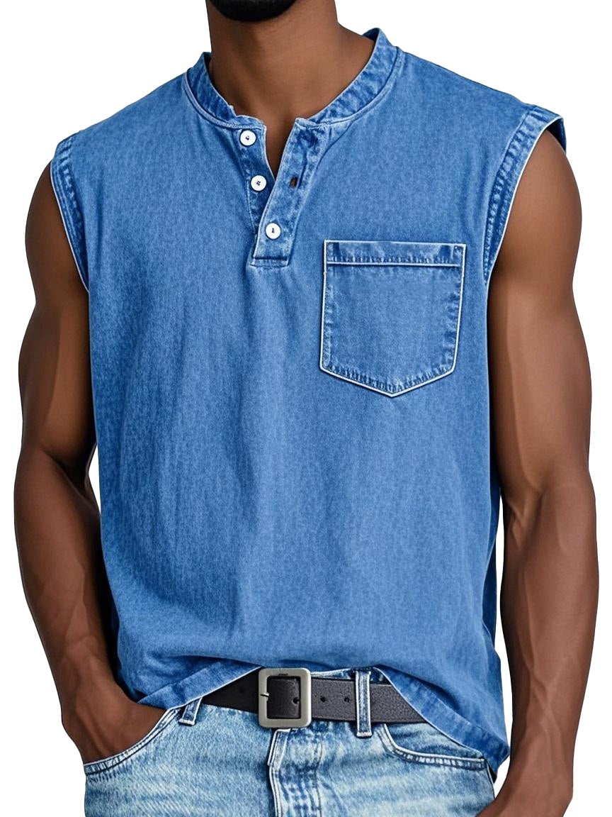 Men's Casual Retro Solid Color Simple Pocket Sleeveless Henley Shirt