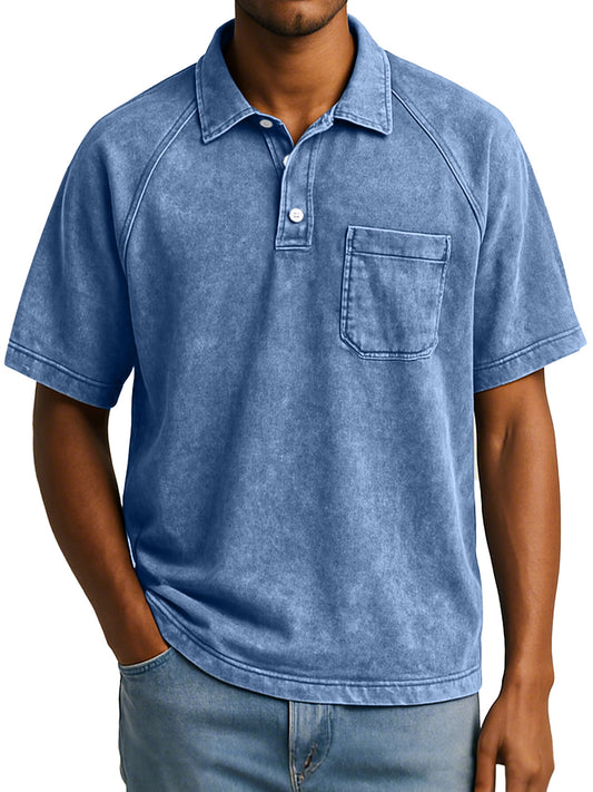 Men's Retro Casual Raglan Short Sleeve Lapel Button Up Polo Shirt