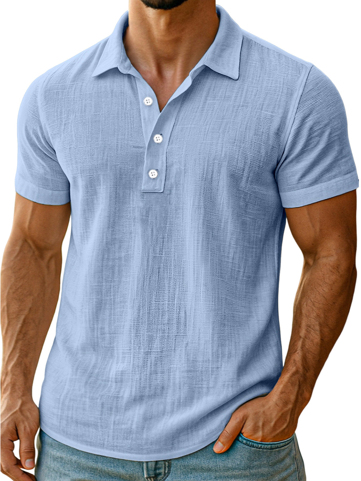 Men's daily simple and comfortable solid color linen short-sleeved POLO shirt