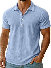 Men's daily simple and comfortable solid color linen short-sleeved POLO shirt
