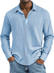 Men's Simple Solid Color Breathable Pleated Lapel Long-sleeved Polo Shirt