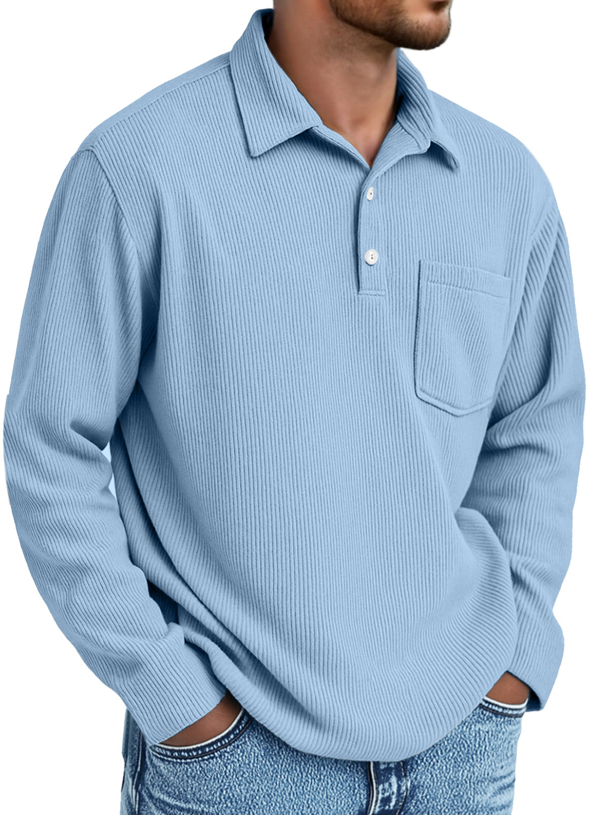 Men's Simple Daily Pitted Textured Lapel Long-sleeved Polo Shirt