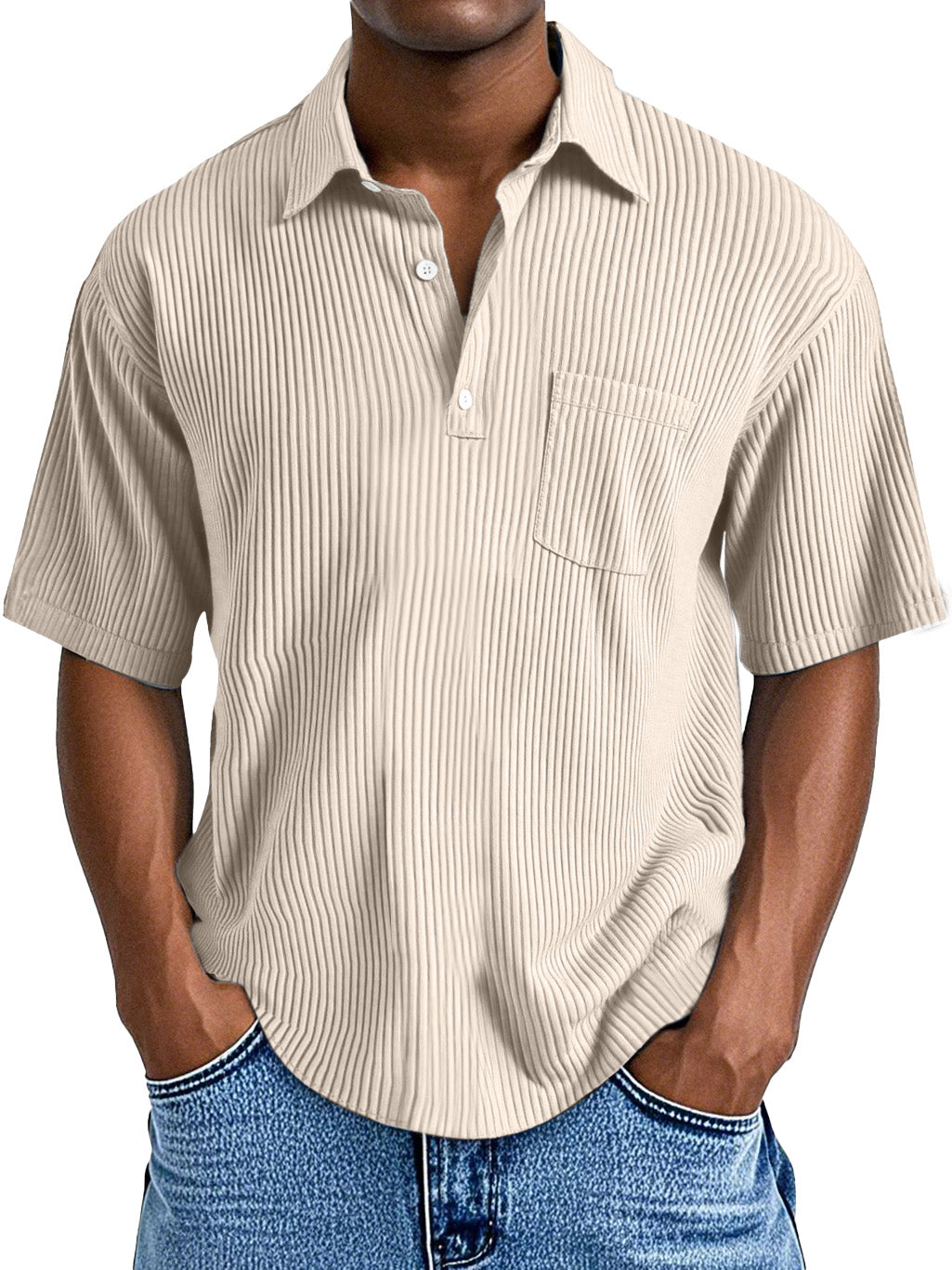 Men's Casual Solid Color Vertical Pit Short-sleeved Button Polo Shirt