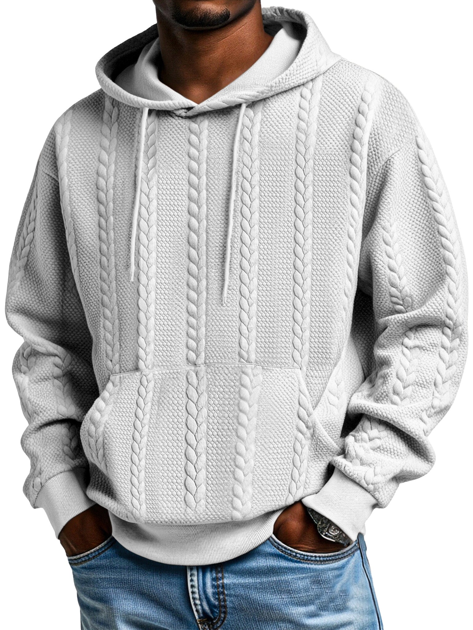 Men's Solid Color Jacquard Texture Kangaroo Pocket Long Sleeve Hooded Sweatshirt