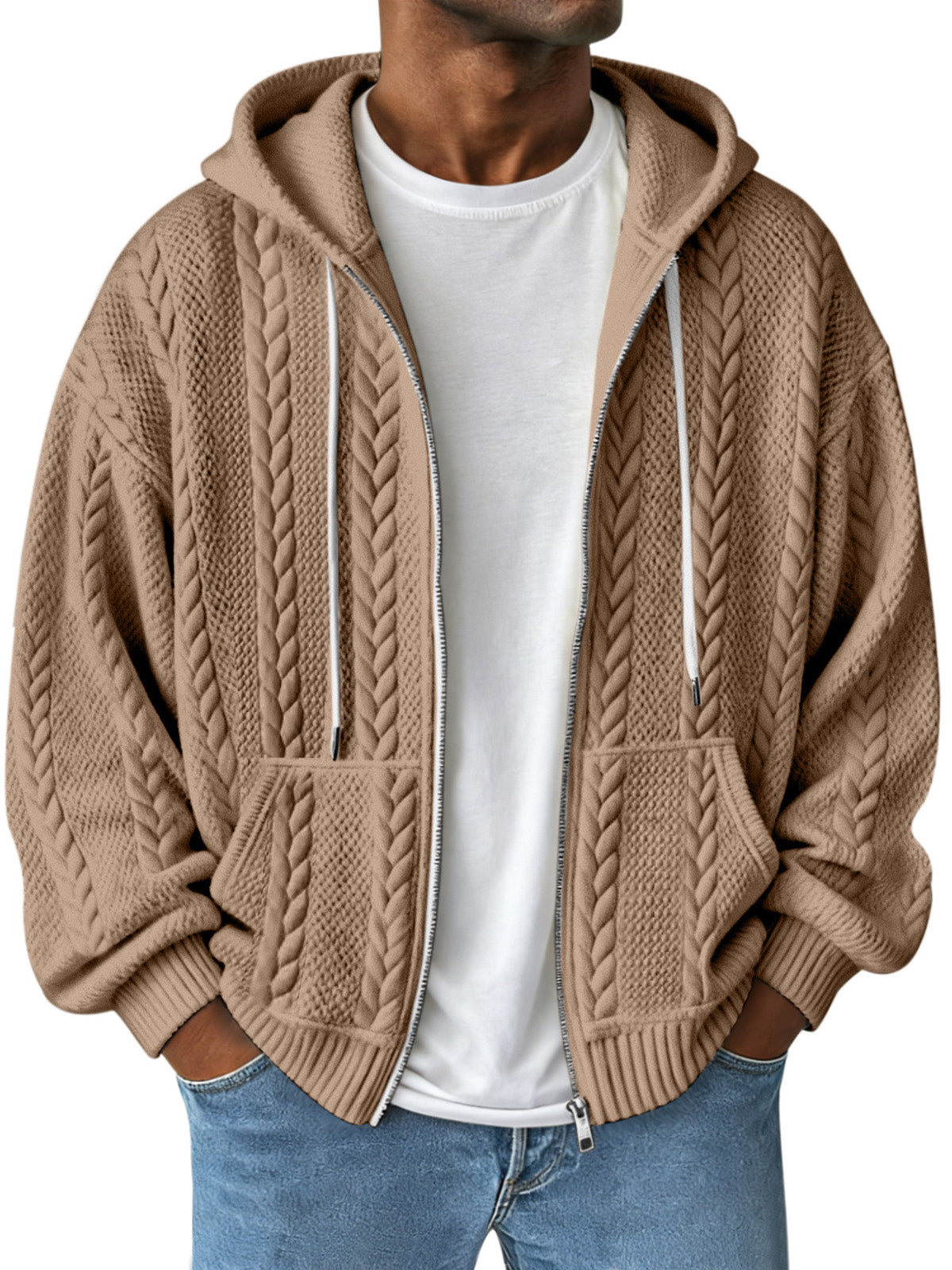 Simple Solid Color Jacquard Hooded Long-sleeved Zipper Jacket