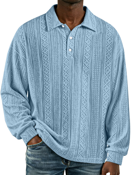 Men's Simple Retro Solid Color Textured Lapel Button Long-sleeved Polo Shirt