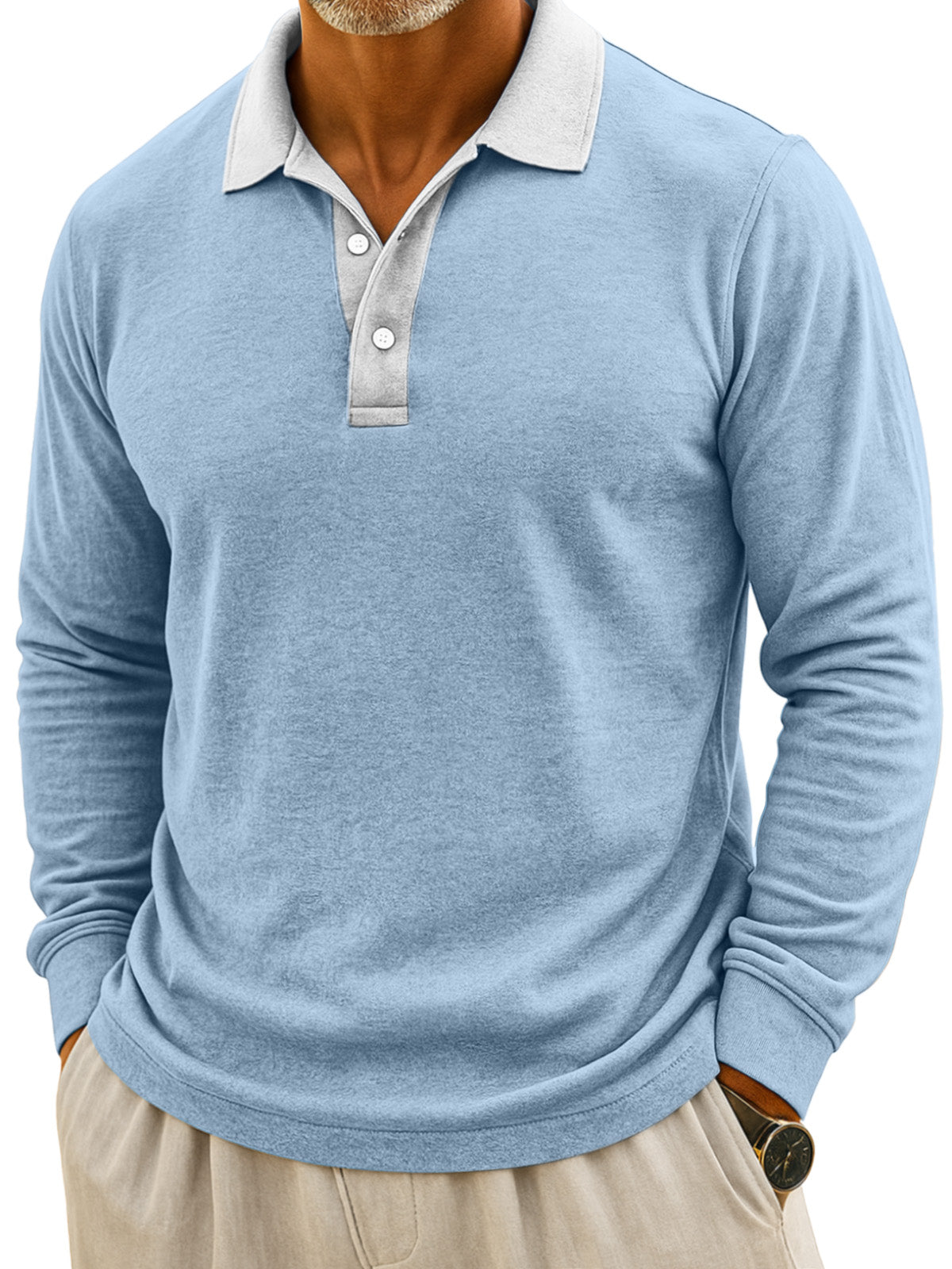 Men's Simple Casual Color Block Design Button Long Sleeve Polo Shirt