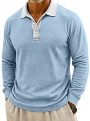 Men's Simple Casual Color Block Design Button Long Sleeve Polo Shirt