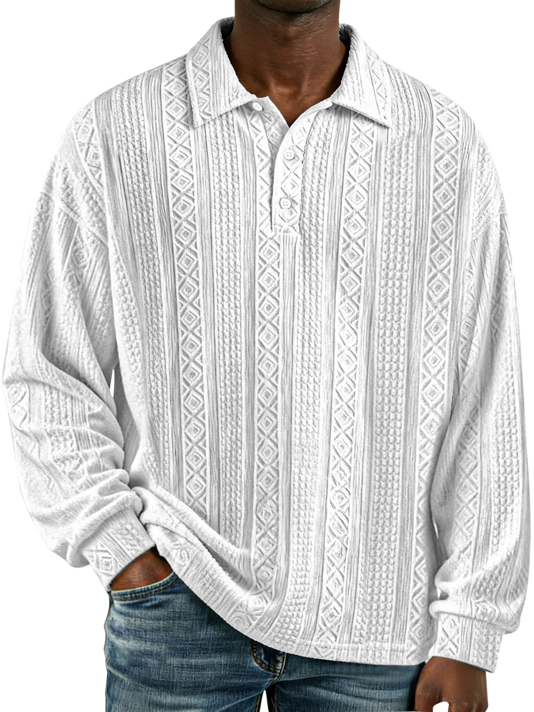 Men's Simple Retro Solid Color Textured Lapel Button Long-sleeved Polo Shirt