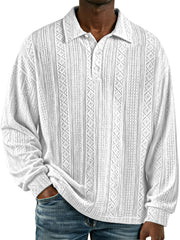 Men's Simple Retro Solid Color Textured Lapel Button Long-sleeved Polo Shirt