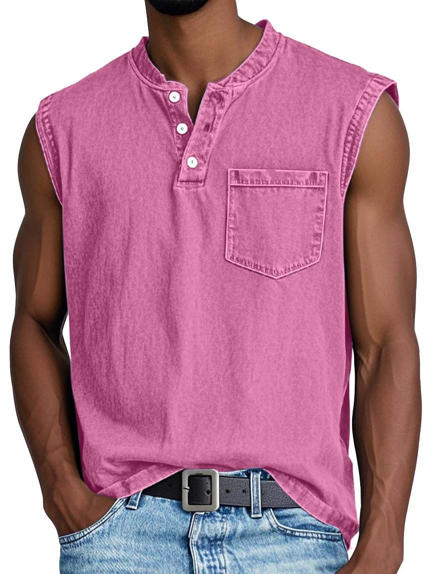 Men's Casual Retro Solid Color Simple Pocket Sleeveless Henley Shirt