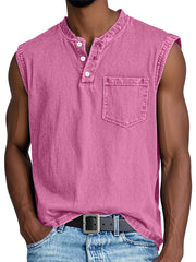 Men's Casual Retro Solid Color Simple Pocket Sleeveless Henley Shirt