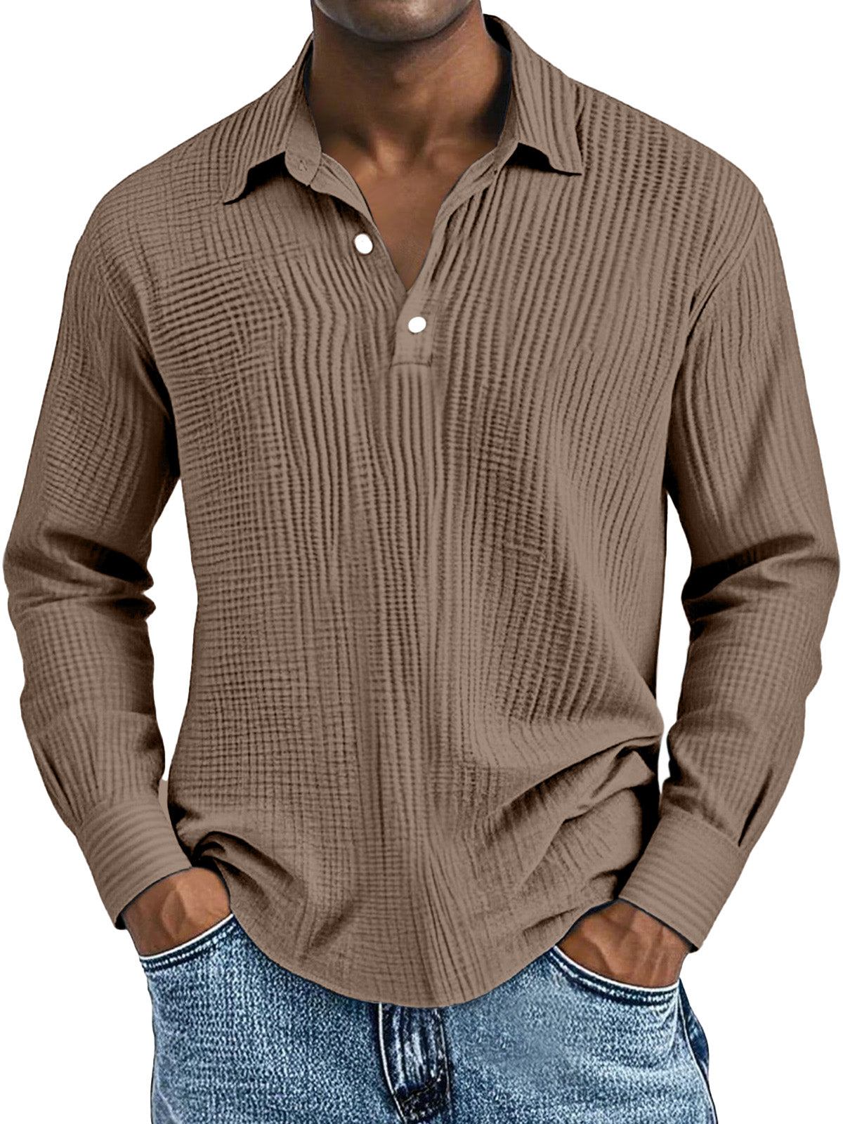 Men's Simple Solid Color Breathable Pleated Lapel Long-sleeved Polo Shirt