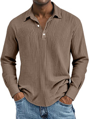 Men's Simple Solid Color Breathable Pleated Lapel Long-sleeved Polo Shirt