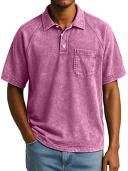 Men's Retro Casual Raglan Short Sleeve Lapel Button Up Polo Shirt