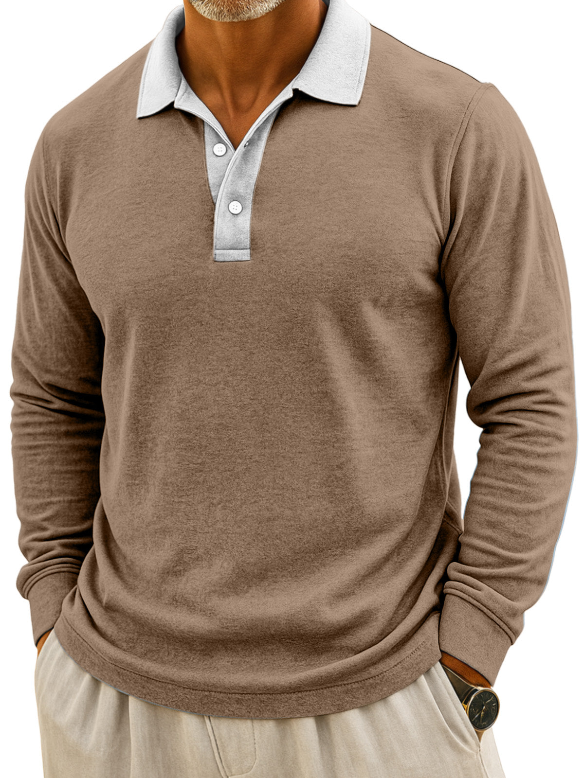 Men's Simple Casual Color Block Design Button Long Sleeve Polo Shirt