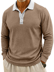 Men's Simple Casual Color Block Design Button Long Sleeve Polo Shirt