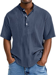 Men's Casual Solid Color Pleated Textured Short-sleeved Henley Shirt