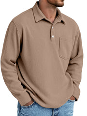 Men's Simple Daily Pitted Textured Lapel Long-sleeved Polo Shirt