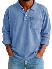 Men's Stylish Vintage Washed And Distressed Lapel Long-sleeved Polo Shirt With Pockets 
