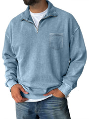 Men's Quarter-zip Distressed Washed Cotton Pocket Zippered Long-sleeved Sweatshirt