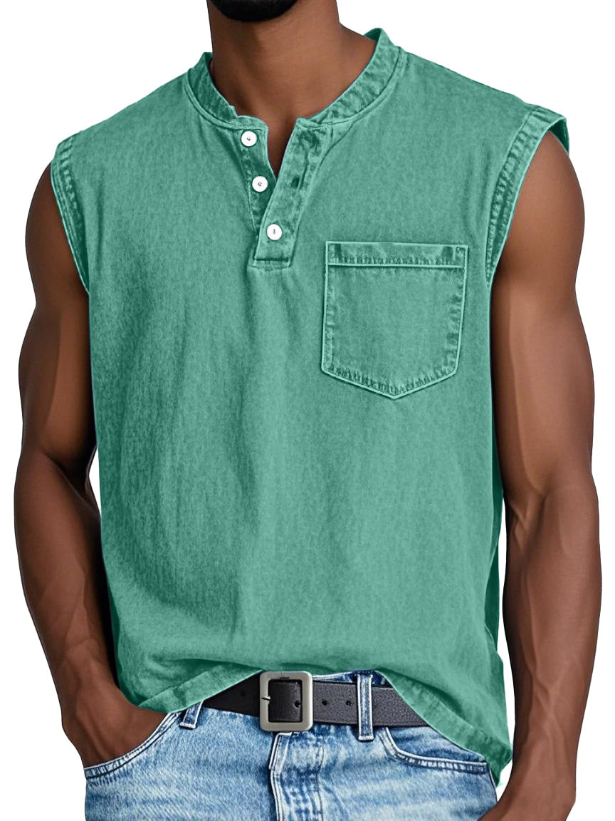 Men's Casual Retro Solid Color Simple Pocket Sleeveless Henley Shirt