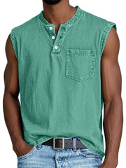 Men's Casual Retro Solid Color Simple Pocket Sleeveless Henley Shirt