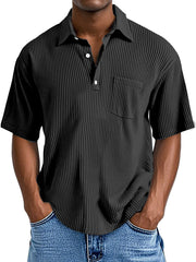 Men's Casual Solid Color Vertical Pit Short-sleeved Button Polo Shirt