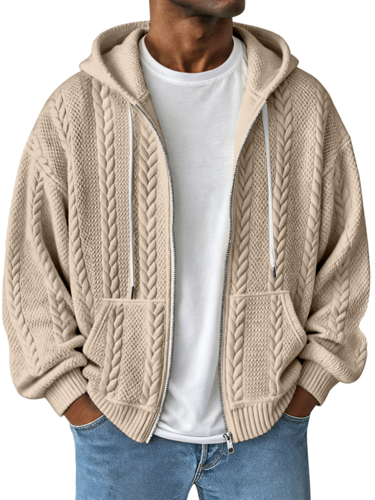 Simple Solid Color Jacquard Hooded Long-sleeved Zipper Jacket