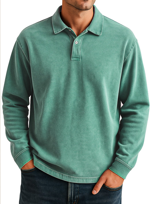 Men's Retro Daily Casual Solid Color Loose Long Sleeve Lar Polo Shirt