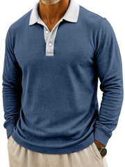 Men's Simple Casual Color Block Design Button Long Sleeve Polo Shirt