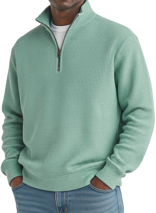 Men's Simple Loose Waffle Quarter-Zip Long Sleeve POLO Shirt