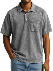 Men's Retro Casual Raglan Short Sleeve Lapel Button Up Polo Shirt