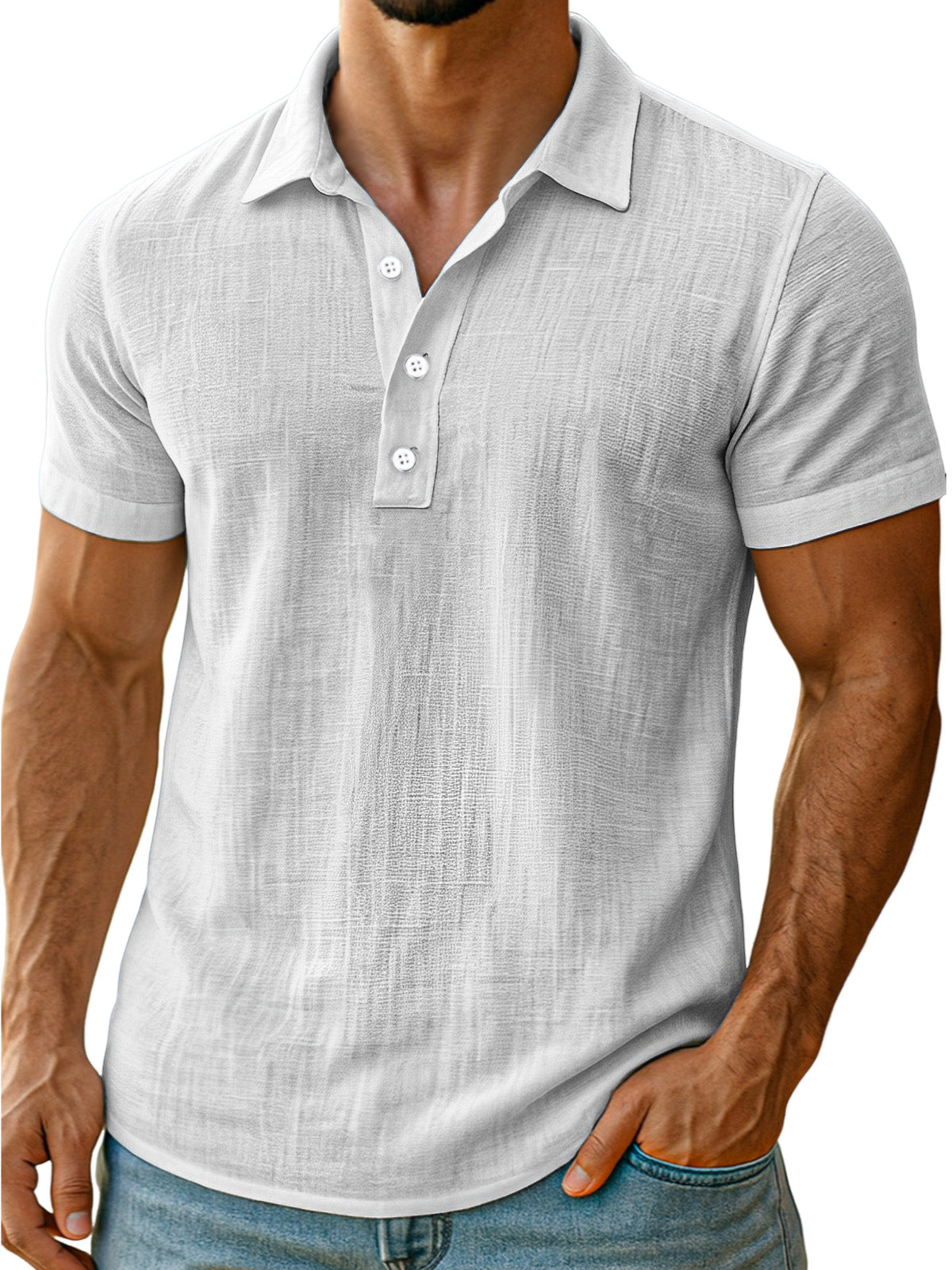 Men's daily simple and comfortable solid color linen short-sleeved POLO shirt