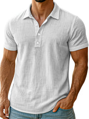 Men's daily simple and comfortable solid color linen short-sleeved POLO shirt