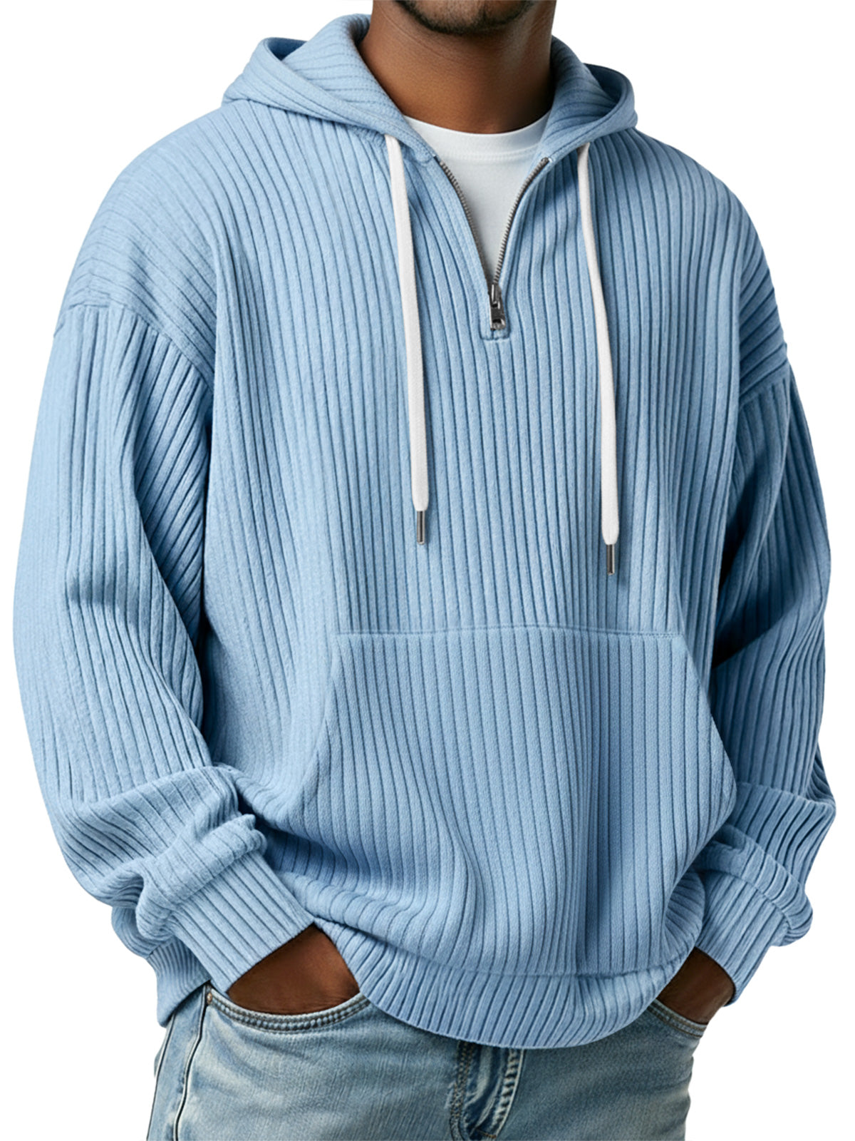 Men's Simple Ribbed Hooded Zipper Casual Loose Sweatshirt