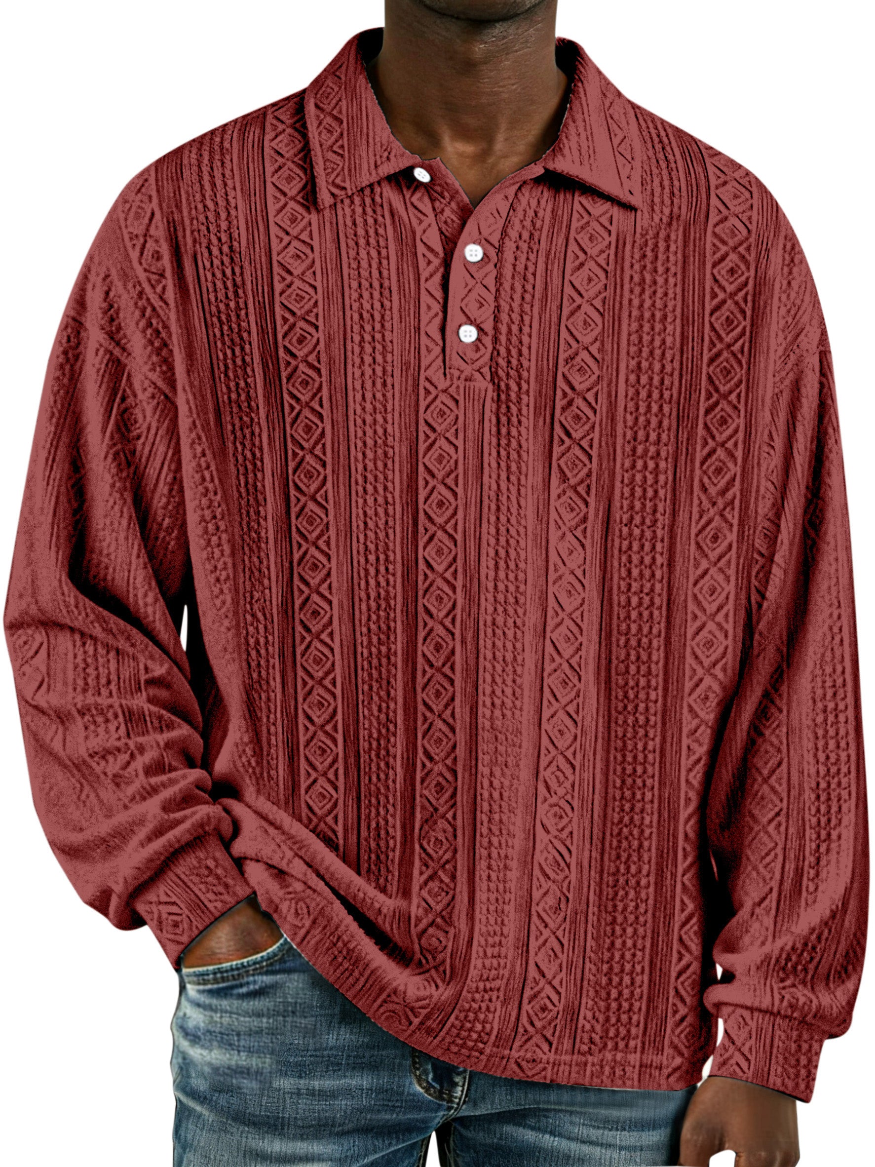 Men's Simple Retro Solid Color Textured Lapel Button Long-sleeved Polo Shirt