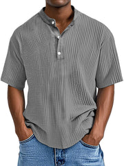 Men's Casual Solid Color Pleated Textured Short-sleeved Henley Shirt