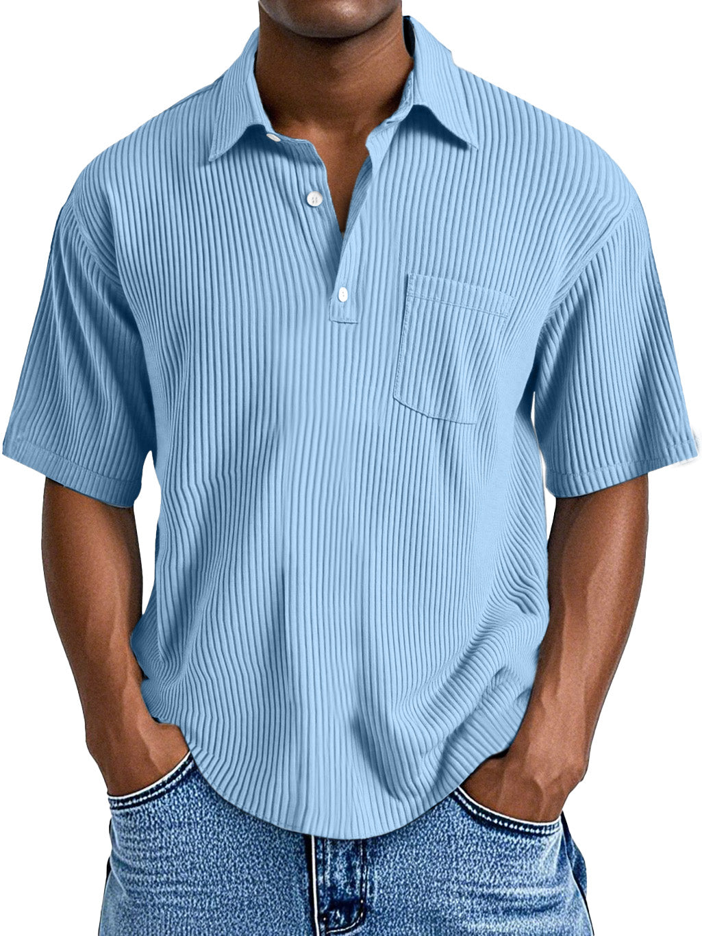 Men's Casual Solid Color Vertical Pit Short-sleeved Button Polo Shirt
