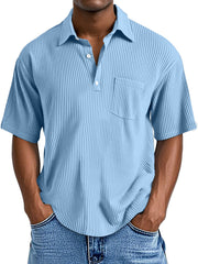 Men's Casual Solid Color Vertical Pit Short-sleeved Button Polo Shirt