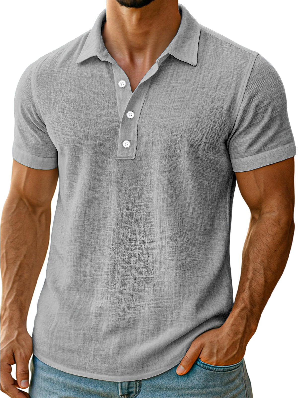 Men's daily simple and comfortable solid color linen short-sleeved POLO shirt