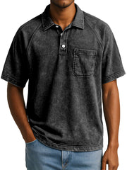 Men's Retro Casual Raglan Short Sleeve Lapel Button Up Polo Shirt