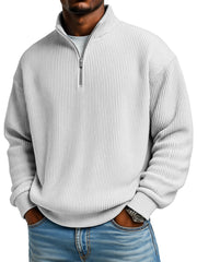 Men's Solid Color Vertical Pit Texture Stand Collar Zipper Long Sleeve Sweater