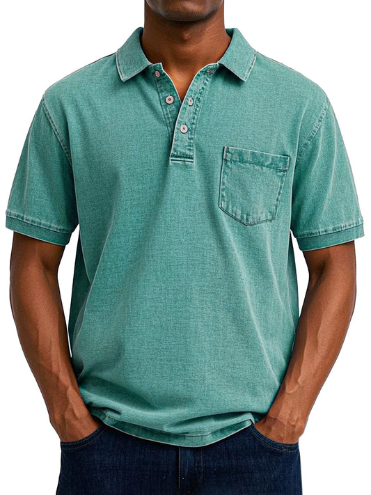 Men's Daily Solid Color Vintage Loose Short-sleeved Button-up Polo Shirt